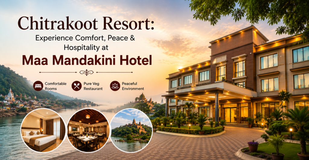 Chitrakoot Resort – Maa Mandakini Hotel featuring luxury rooms, pure vegetarian restaurant, peaceful surroundings, and premium accommodation near Chitrakoot tourist attractions.