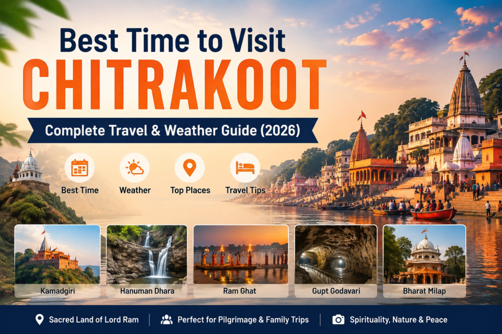 Best Time to Visit Chitrakoot Complete Travel and Weather Guide 2026 featuring Ram Ghat, Kamadgiri, Hanuman Dhara, Gupt Godavari, and major pilgrimage attractions